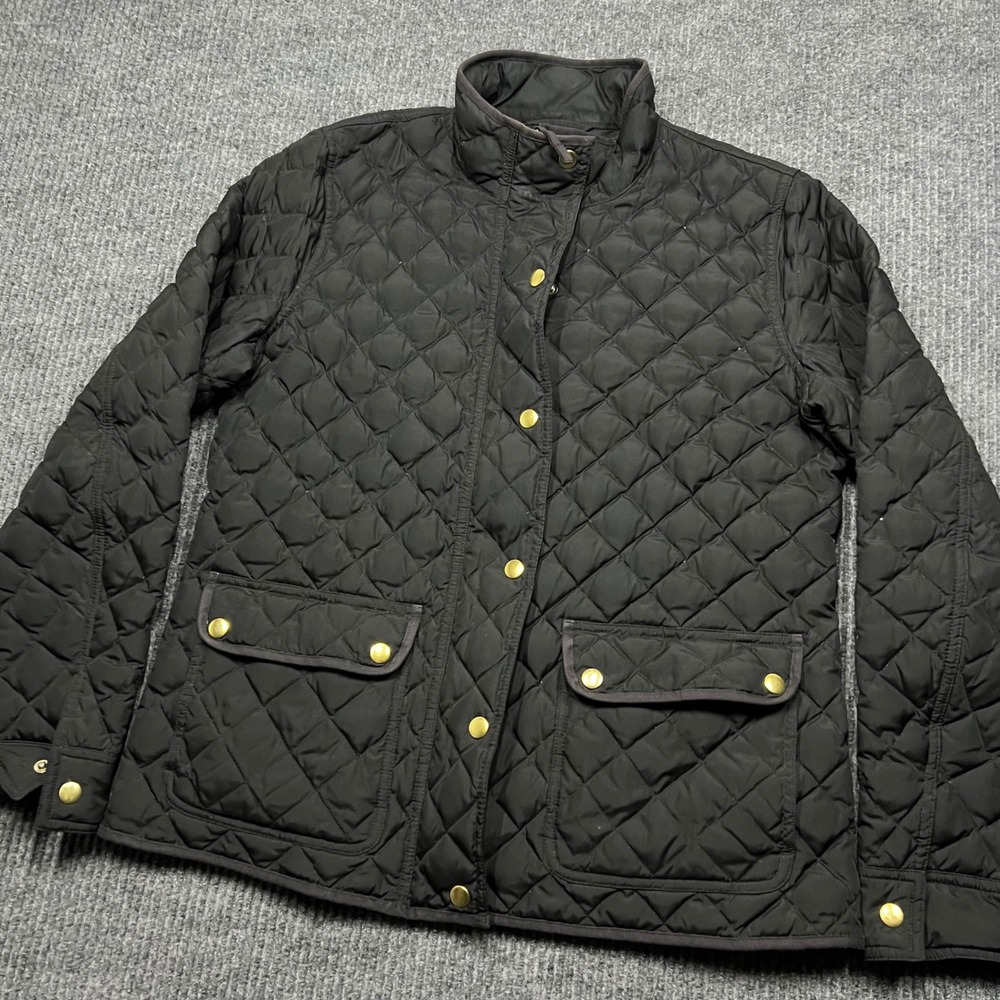 J Crew Black Quilted Down Field Chore Barn Ranch Jacket Gold Snaps Women Medium